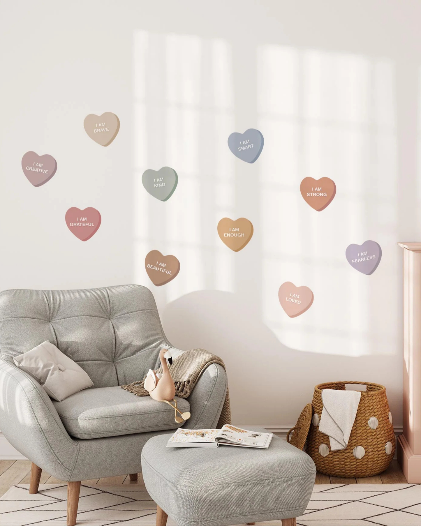 Peel & Stick Fabric Wall Stickers - Affirmation Candy Hearts (Muted)